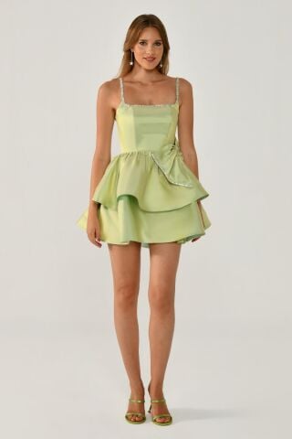 Askılı Şerit Taş Aksesuarlı Fiyonklu Tafta Kısa Elbise SUYEŞİLİ - 42