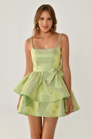 Askılı Şerit Taş Aksesuarlı Fiyonklu Tafta Kısa Elbise SUYEŞİLİ - 42