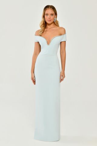 Düşük Omuz Taş Şerit Aksesuarlı Krep Uzun Elbise AÇIK MAVİ - 36