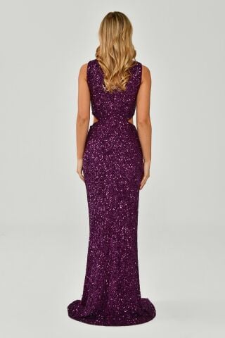 Kalın Askılı V Yaka Önden Yırtmaçlı Payet Uzun Elbise Mürdüm - 36