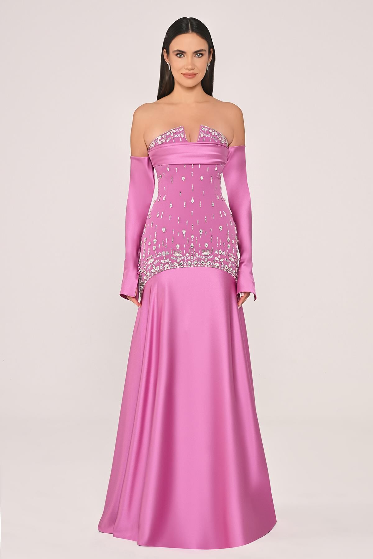 Straplez Taş Aksesuarlı Kollu Saten Uzun Elbise GÜL KURUSU - 36