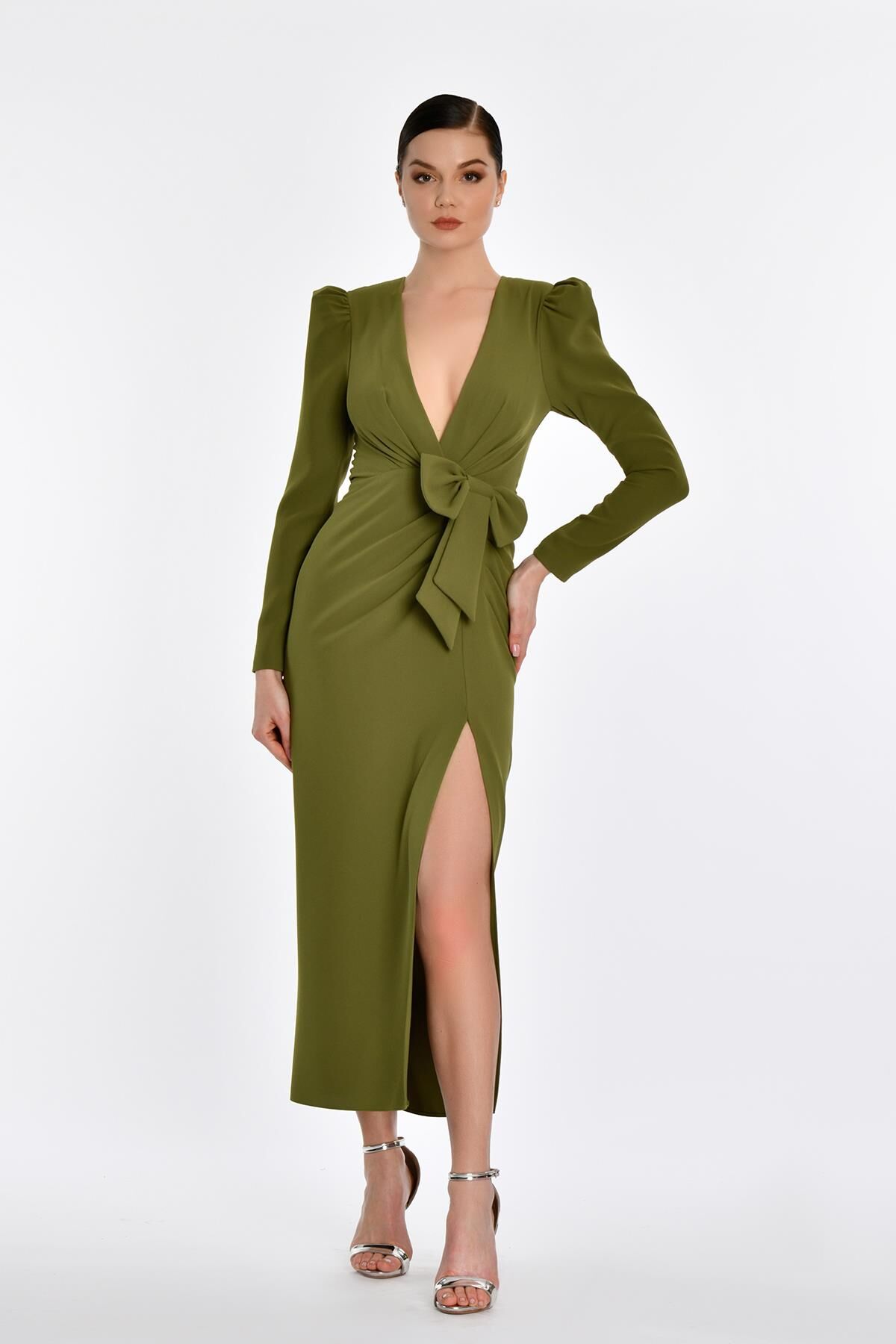 V Yaka Uzun Kollu Yırtmaçlı Uzun Elbise Nefti - 38