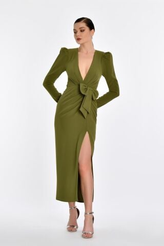 V Yaka Uzun Kollu Yırtmaçlı Uzun Elbise Nefti - 38