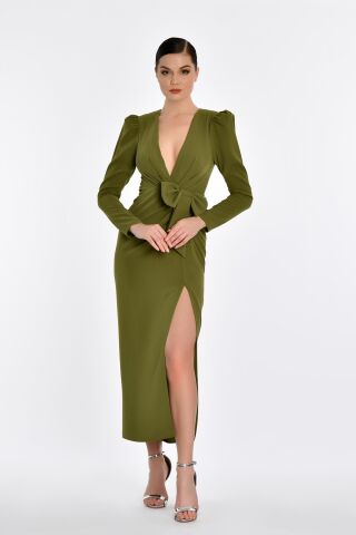 V Yaka Uzun Kollu Yırtmaçlı Uzun Elbise Nefti - 38