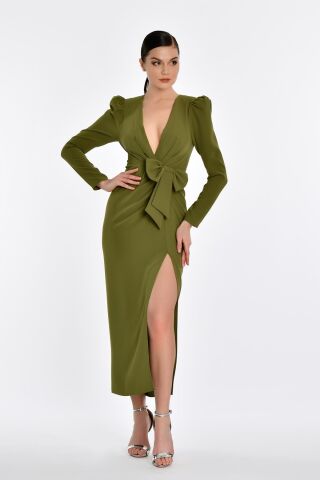 V Yaka Uzun Kollu Yırtmaçlı Uzun Elbise Nefti - 38