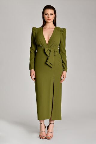 V Yaka Uzun Kollu Yırtmaçlı Uzun Elbise Nefti - 38