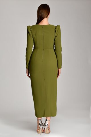 V Yaka Uzun Kollu Yırtmaçlı Uzun Elbise Nefti - 38