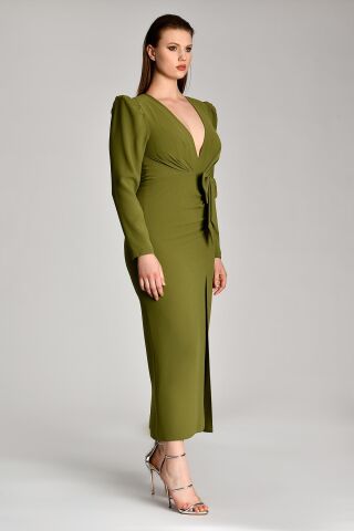 V Yaka Uzun Kollu Yırtmaçlı Uzun Elbise Nefti - 38