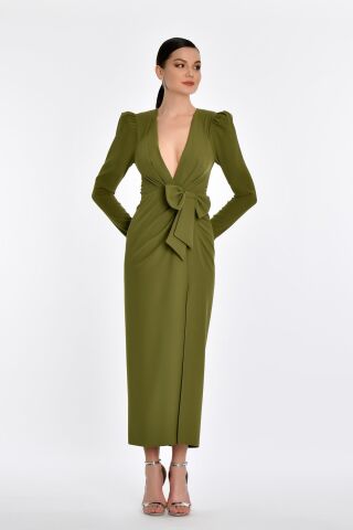 V Yaka Uzun Kollu Yırtmaçlı Uzun Elbise Nefti - 38