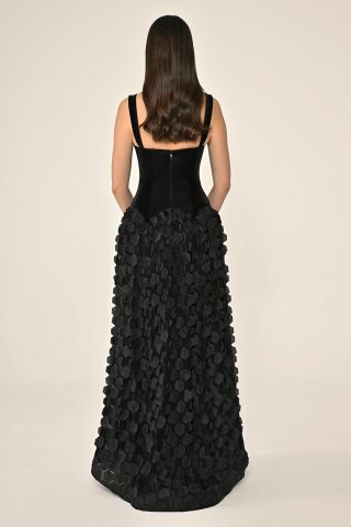 Kalp Göğüs Üst Lateks Kumaş Eteği 3 Boyut Tül Uzun Elbise SİYAH / SİYAH - 36