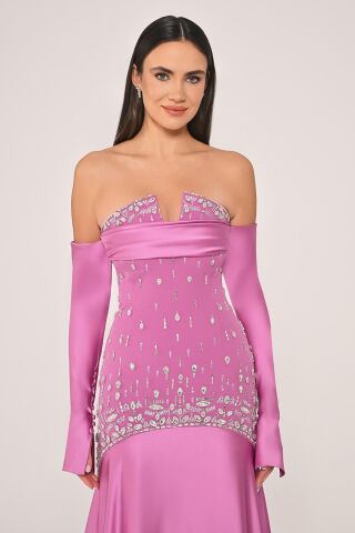 Straplez Taş Aksesuarlı Kollu Saten Uzun Elbise GÜL KURUSU - 38