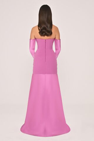 Straplez Taş Aksesuarlı Kollu Saten Uzun Elbise GÜL KURUSU - 38