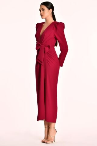 V Yaka Uzun Kollu Yırtmaçlı Uzun Elbise VİŞNE - 38