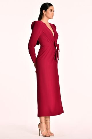V Yaka Uzun Kollu Yırtmaçlı Uzun Elbise VİŞNE - 38