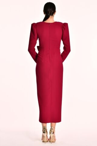 V Yaka Uzun Kollu Yırtmaçlı Uzun Elbise VİŞNE - 38