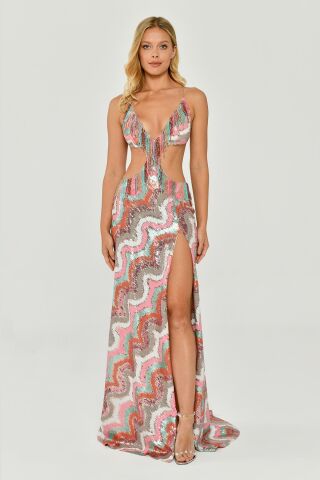 Tief ausgeschnittenes langes Kleid mit Fransen, Perlen und Pailletten, PINK WAVE – 40