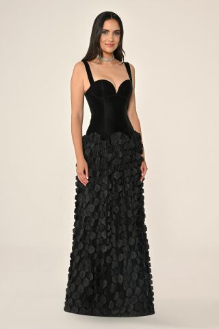 Kalp Göğüs Üst Lateks Kumaş Eteği 3 Boyut Tül Uzun Elbise SİYAH / SİYAH - 40