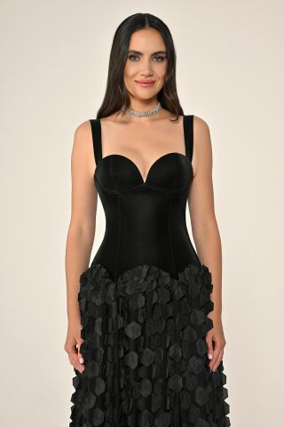 Kalp Göğüs Üst Lateks Kumaş Eteği 3 Boyut Tül Uzun Elbise SİYAH / SİYAH - 42