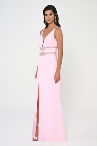 Derin V Yaka Beli İşlemeli Uzun Elbise