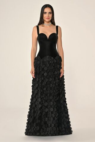 Kalp Göğüs Üst Lateks Kumaş Eteği 3 Boyut Tül Uzun Elbise SİYAH / SİYAH - 44