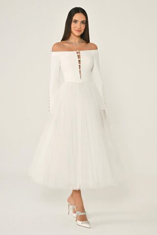 Açık Omuz Kollu Eteği Tül Midi Elbise Beyaz - 42