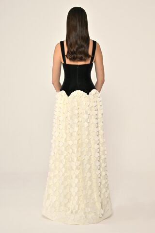 Kalp Göğüs Üst Lateks Kumaş Eteği 3 Boyut Tül Uzun Elbise SİYAH / EKRU - 38