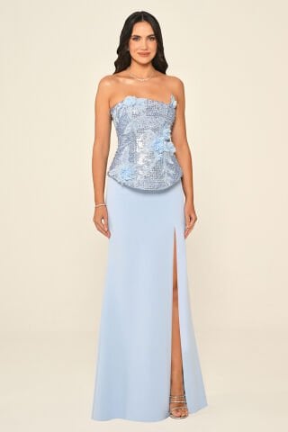 Straplez Üst Payetli Asimetrik Kesim Krep Uzun Elbise