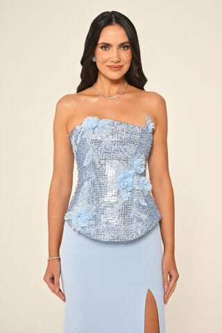 Straplez Üst Payetli Asimetrik Kesim Krep Uzun Elbise