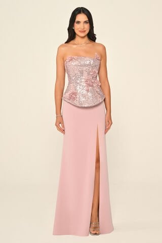 Straplez Üst Payetli Asimetrik Kesim Krep Uzun Elbise