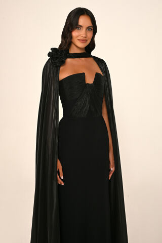 Straplez Drapeli İpek Şifon Şal Eteği Krep Uzun Elbise Siyah - 44