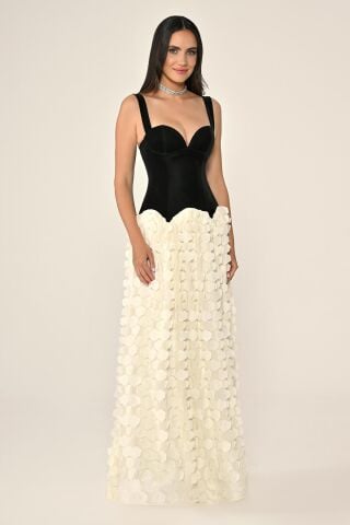 Kalp Göğüs Üst Lateks Kumaş Eteği 3 Boyut Tül Uzun Elbise SİYAH / EKRU - 42