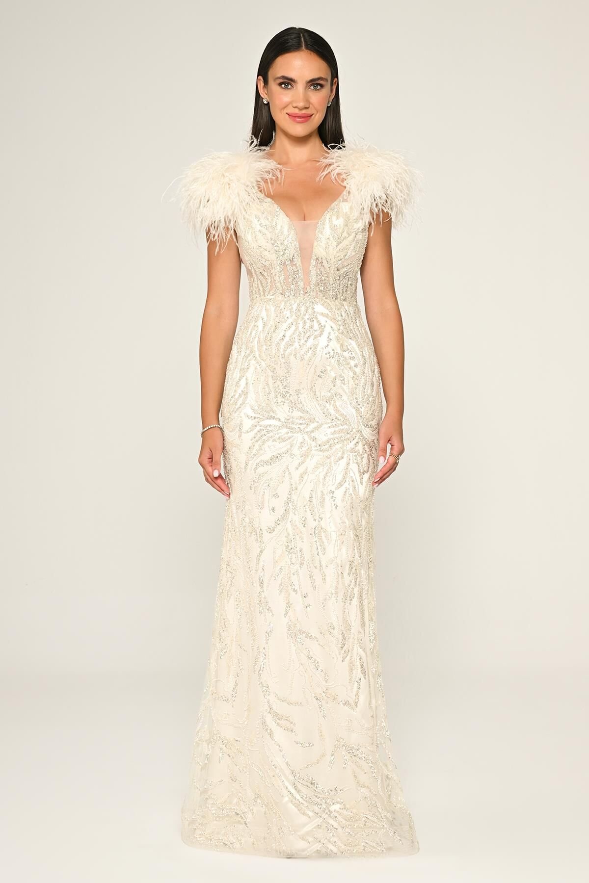 Omzu Otrişli Taşlı Uzun Elbise Kemik - 42