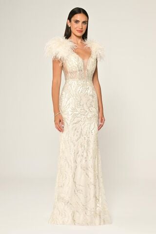 Omzu Otrişli Taşlı Uzun Elbise Kemik - 42