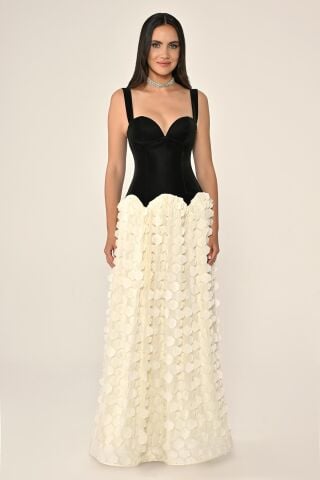 Kalp Göğüs Üst Lateks Kumaş Eteği 3 Boyut Tül Uzun Elbise SİYAH / EKRU - 44