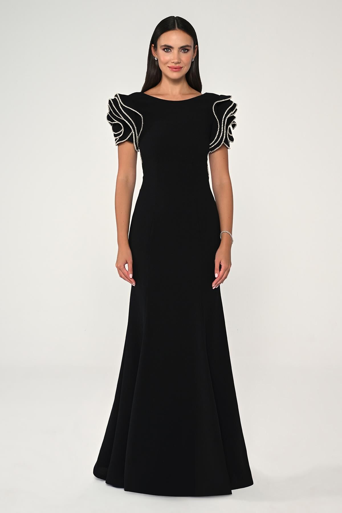 Omzu Taşlı A Kesim Krep Uzun Elbise Siyah - 40