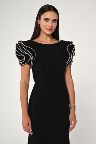 Omzu Taşlı A Kesim Krep Uzun Elbise Siyah - 40