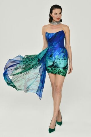 Straplez Allerli Desenli Şifon Kısa Elbise SAKS  / YEŞİL - 36