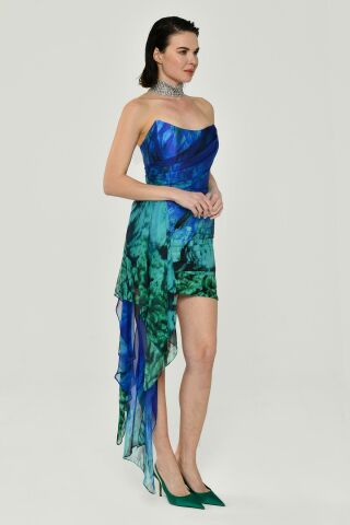 Straplez Allerli Desenli Şifon Kısa Elbise SAKS  / YEŞİL - 36