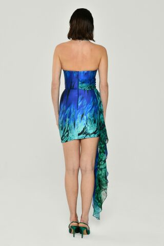 Straplez Allerli Desenli Şifon Kısa Elbise SAKS  / YEŞİL - 36