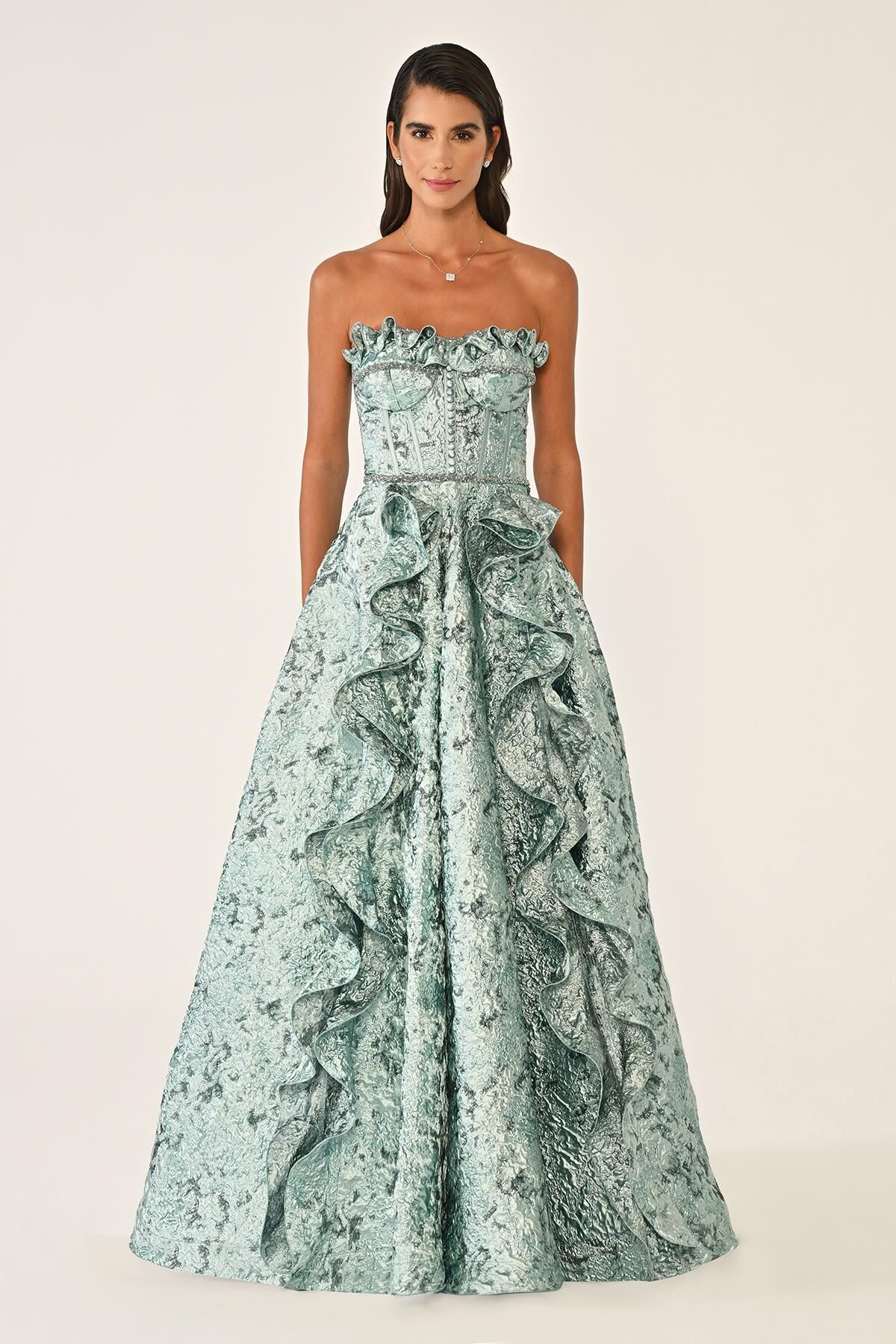 Straplez Fırfırlı Önden Çift Yırtmaçlı Jakar Uzun Elbise MİNT - 38