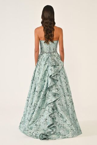 Straplez Fırfırlı Önden Çift Yırtmaçlı Jakar Uzun Elbise MİNT - 38