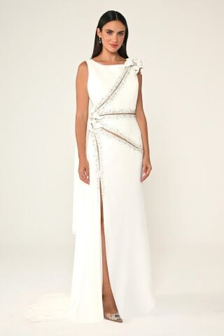 Çiçek ve Taş Aksesuarlı Yırtmaçlı Şallı Uzun Elbise Beyaz - 48