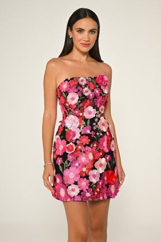 Straplez 3 Boyut Çiçek Aksesuarlı Kısa Elbise SİYAH / FUŞYA - 42