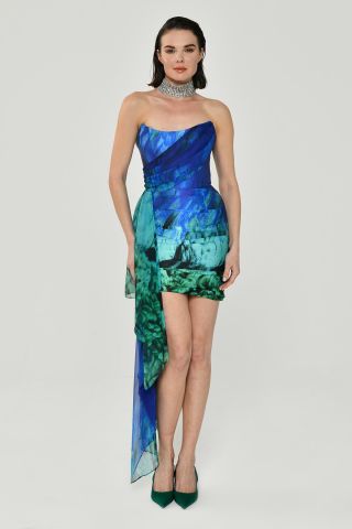 Straplez Allerli Desenli Şifon Kısa Elbise SAKS  / YEŞİL - 40