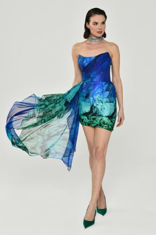 Straplez Allerli Desenli Şifon Kısa Elbise SAKS  / YEŞİL - 40