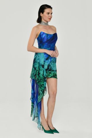 Straplez Allerli Desenli Şifon Kısa Elbise SAKS  / YEŞİL - 40