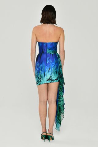 Straplez Allerli Desenli Şifon Kısa Elbise SAKS  / YEŞİL - 40