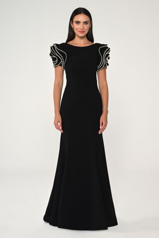 Omzu Taşlı A Kesim Krep Uzun Elbise Siyah - 44