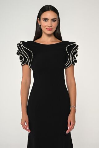 Omzu Taşlı A Kesim Krep Uzun Elbise Siyah - 44