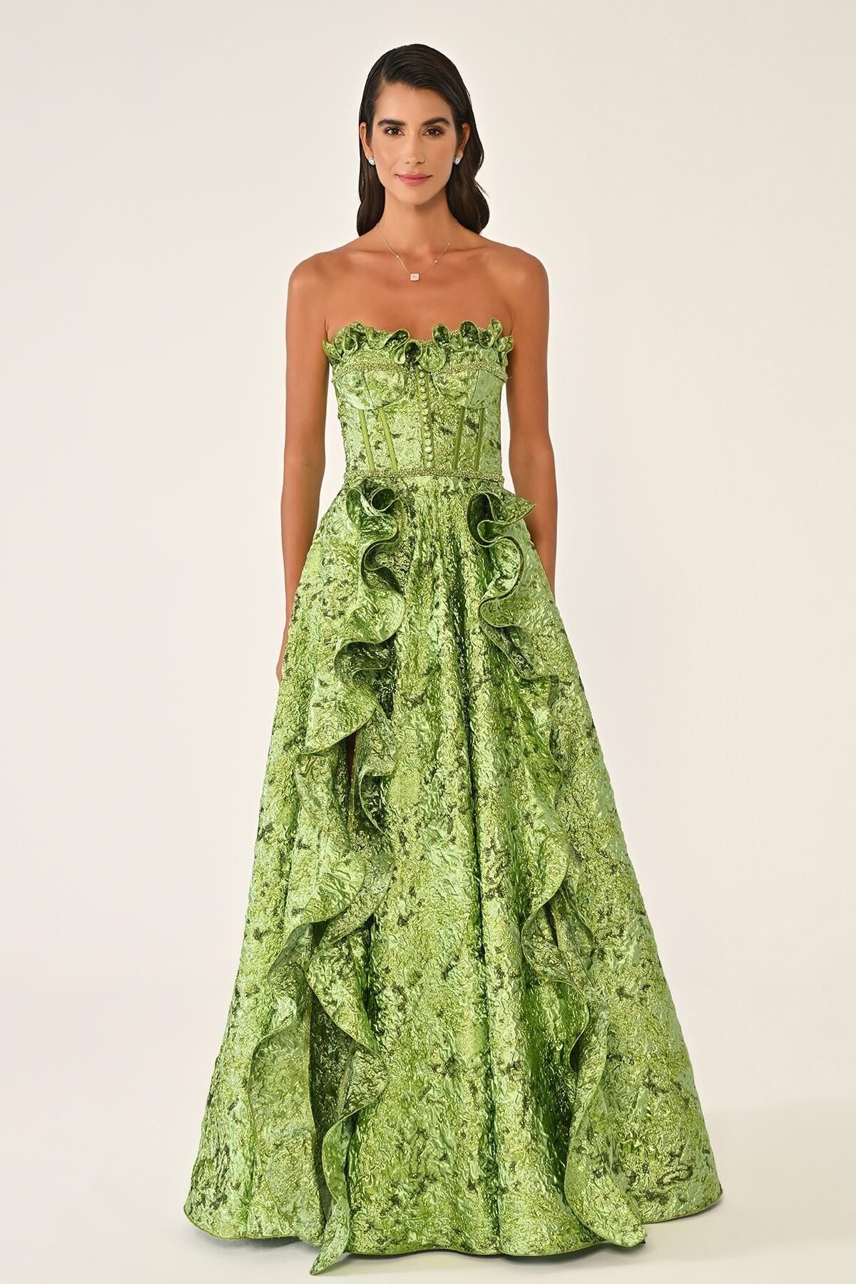 Straplez Fırfırlı Önden Çift Yırtmaçlı Jakar Uzun Elbise FISTIK YEŞİLİ - 36